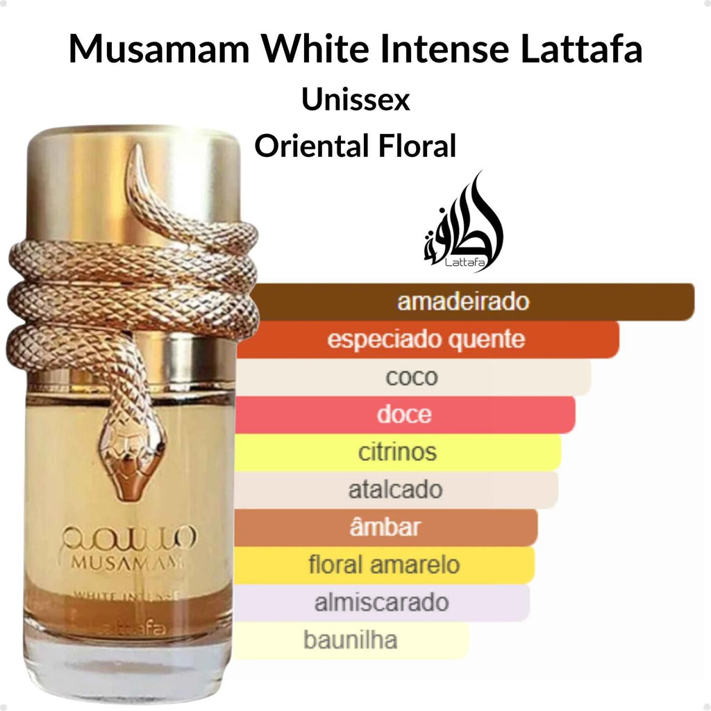 Lattafa Musamam White Intense EDP 100ml | Sândalo e Coco | Estojo Cobra